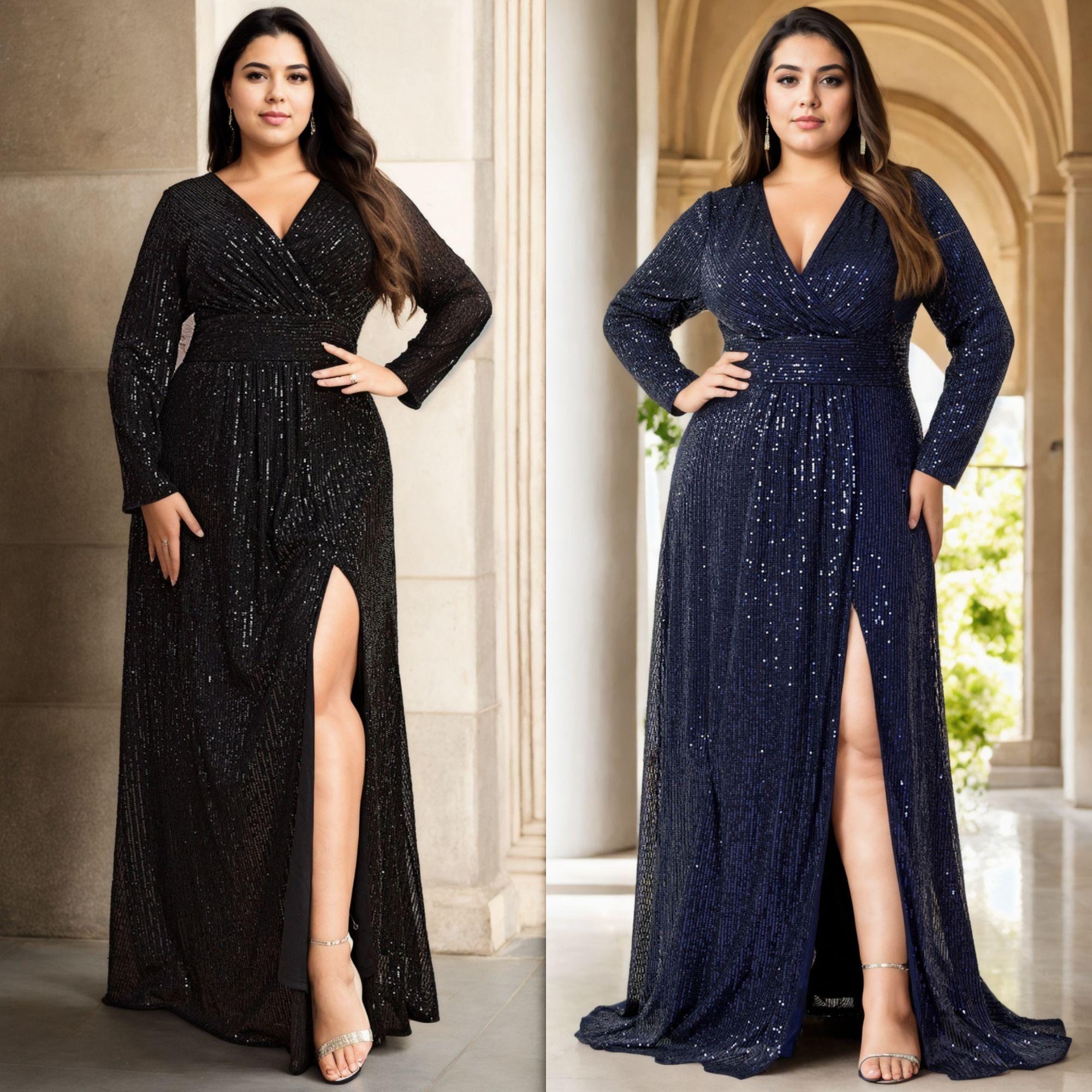 Salom Plus Size Mother of the Bride Groom Modest Wrap V Neck Black Blue Sequins Wedding Guest Formal Party Evening Dress Long Sleeve Gown