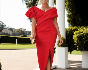 Plus Size Red Pencil Dress: Off Shoulder V-Neck Midi