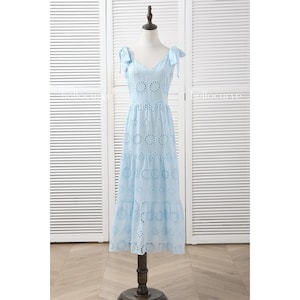 Danica Plus Size Garden Fairy Pastel Blue V Neck Broderie Anglaise Eyelet Cutout Cotton Embroidery Lace Wedding Guest Semi Formal Midi Dress