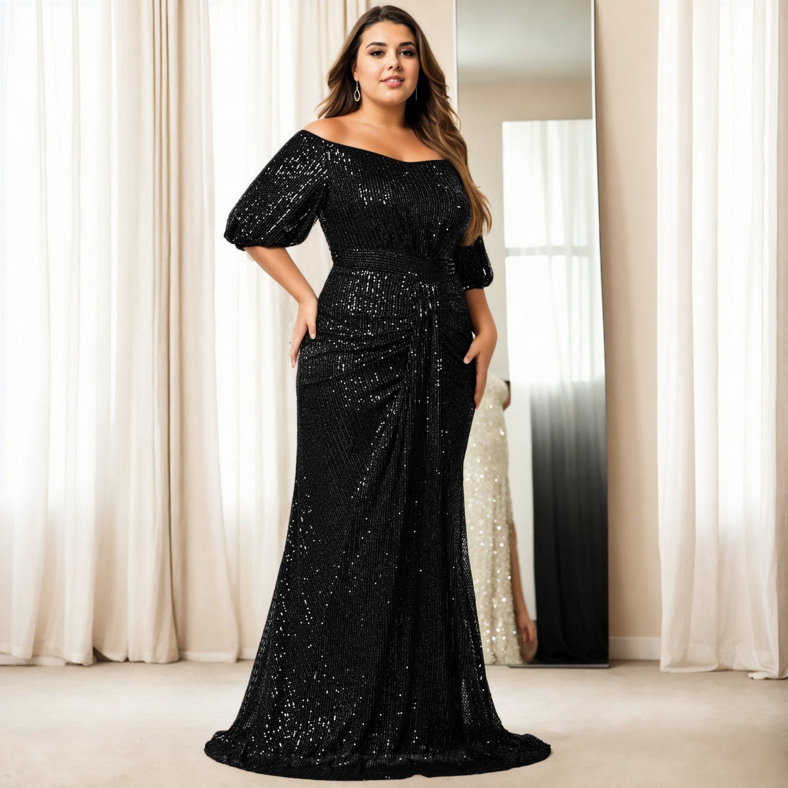 Reine Plus Size Mother of The Bride Groom Champagne Gold Green Black Off Shoulder Modest Prom Formal Party Evening Dress Short Sleeve Gown