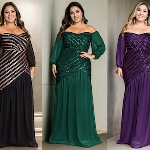 Sylvia Plus Size Mother of the Bride Groom Stripes Mermaid Off Shoulder With Sleeves Modest Prom Formal Party Evening Dress Long Sleeve Gown