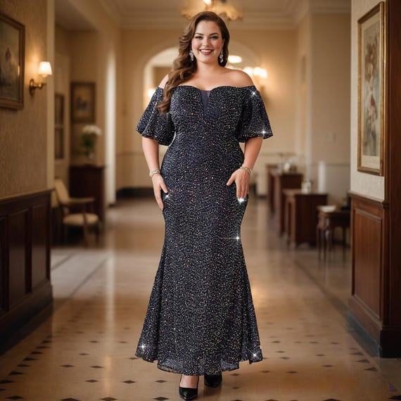 Plus Size Navy Blue Mermaid Gown: Off-shoulder Formal Dress - Etsy