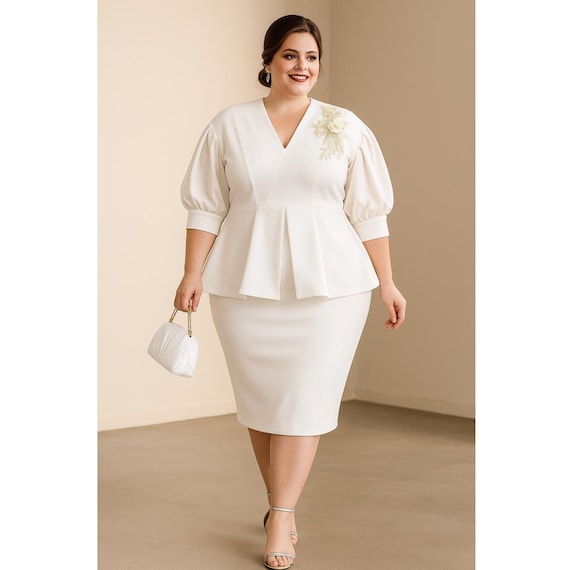 plus size white formal dress with sleeves Plus size made to measure wedding dress gown main image 0