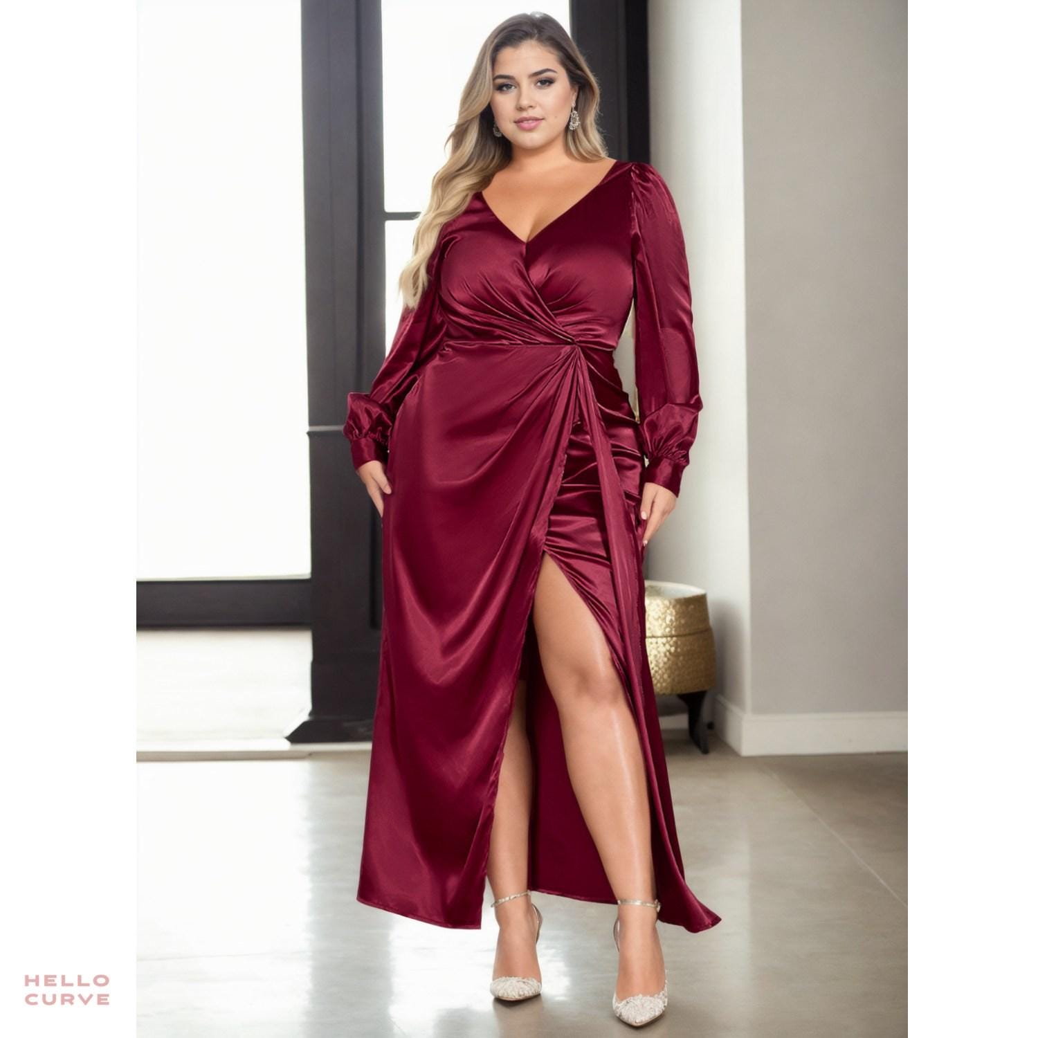 chinese dress ladies Curveins Plus Size Elegant V-Neck Batwing Sleeve Waist-Hu