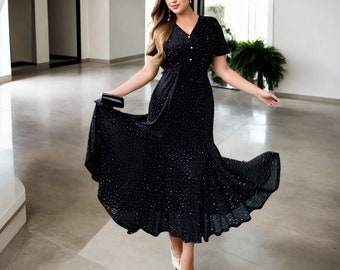 Plus Size Black Midi Dress: V Neck Fit & Flare Party Dress