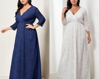 Giselle Plus Size Mother of the Bride Mother of the Groom White Blue Wrap Lace Wedding Guest Formal With Sleeves Maxi Evening Dress Gown