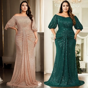 Reine Plus Size Mother of the Bride Groom Champagne Gold Green Black Off Shoulder Modest Prom Formal Party Evening Dress Short Sleeve Gown