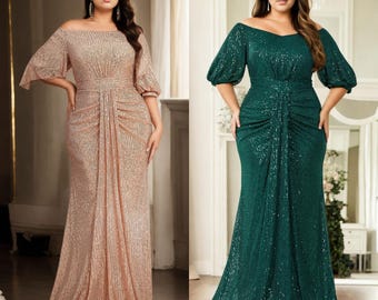 Reine Plus Size Mother of the Bride Groom Champagne Gold Green Black Off Shoulder Modest Prom Formal Party Evening Dress Short Sleeve Gown