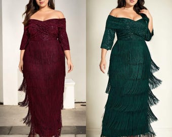 Nicole Plus Big Size Mother of the Bride Groom Off Shoulder Pinup Flapper Fringe Gatsby Retro Party Vintage Prom Formal Evening Dress Gown