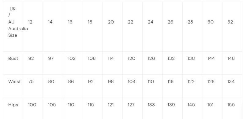May include: Size chart for women's clothing in Australian sizes, showing bust, waist, and hip measurements in inches for sizes 12 through 32.