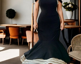 Vestido largo de corte corazón de talla grande: vestido de noche negro estilo sirena retro