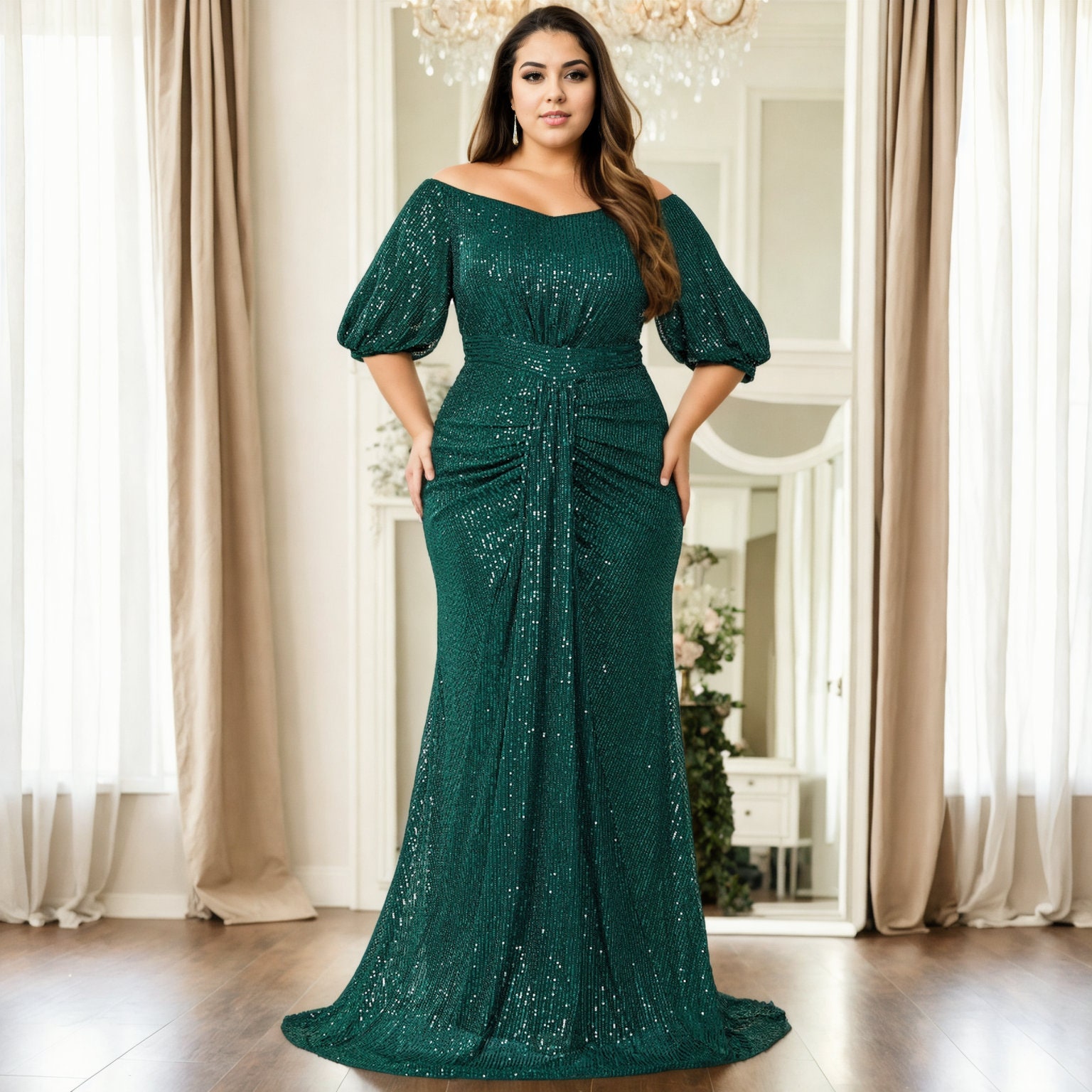 emerald green dress party Shining Sequined Emerald Green Mermaid Cap sleeve Long Prom Party Gown