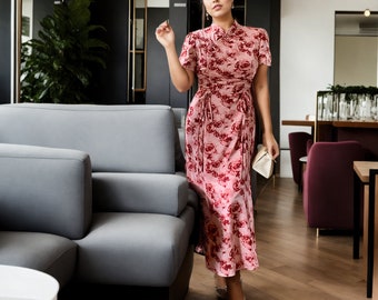 Plus Size Red Floral Qipao Dress: Modern Cheongsam, Wedding Guest