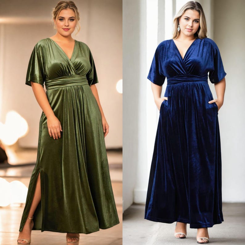 May include: Two women wearing long, velvet maxi dresses. The dress on the left is a dark green colour and the dress on the right is a dark blue colour. Both dresses have a V-neckline, short sleeves, and a fitted waist.