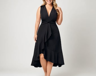 Black Midi Formal Dress: Plus Size Wool Blend, Asymmetrical Hem - Etsy Black Midi Formal Dress: Plus Size Wool Blend, Asymmetrical Hem - Etsy