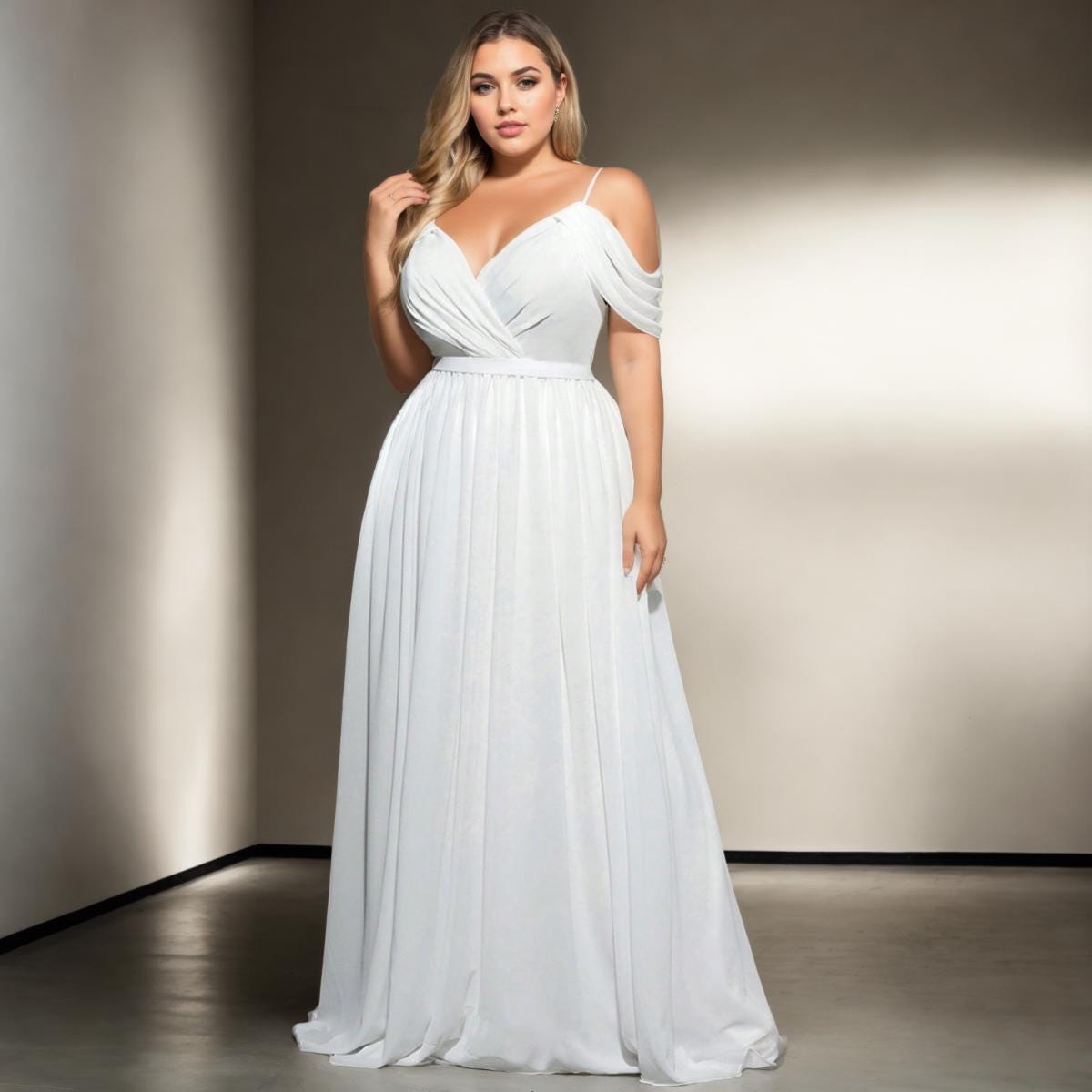 white off the shoulder long dress Moonbeam Reverie Off Shoulder Maxi Dress White Size XL from Hello Molly Prom Dress
