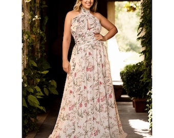 Plus Size Floral Halter Gown: Elegant Wedding, Prom Dress