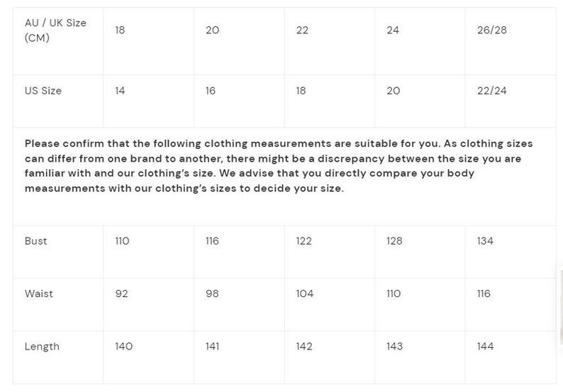May include: Size chart for clothing with measurements in inches and centimetres. The chart shows bust, waist, and length measurements for sizes 18 to 26/28. The chart also includes US sizes 14 to 22/24.