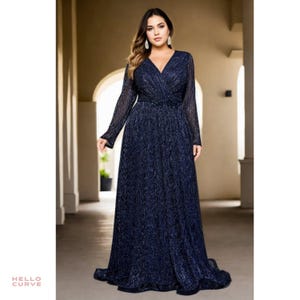 Plus Size Navy Blue Mother of The Bride Groom Empire Waist Wrap V Neck Long Sleeve Black Tie Classy Formal Prom Party Formal Dress Gown
