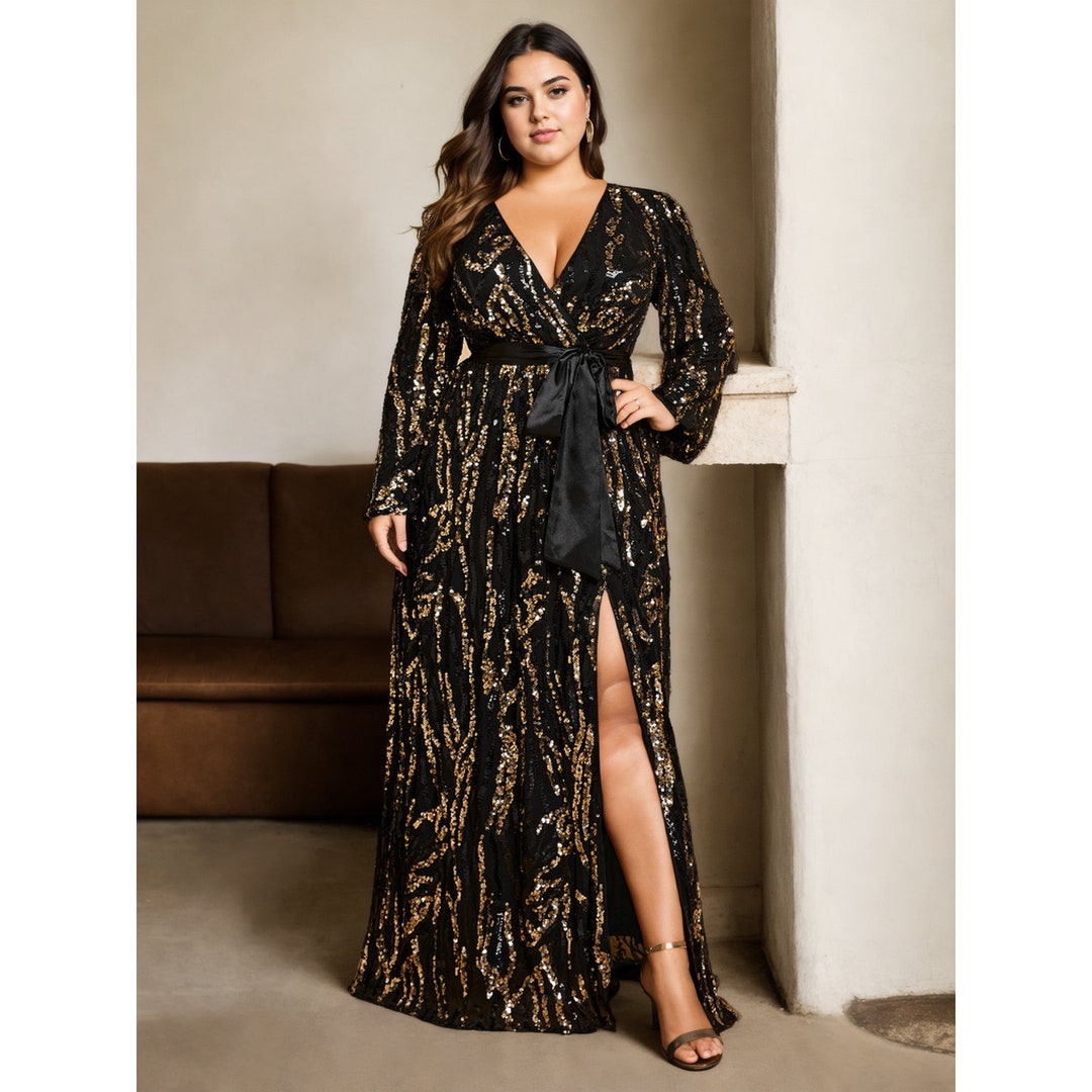 Wrap Dress Glitter Party Dresses Plus Size Black Sequin Dress