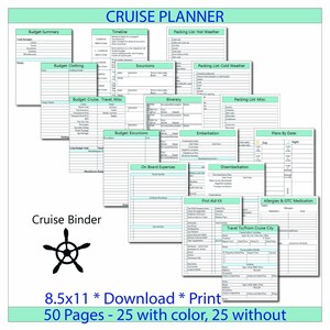 May include: A printable cruise planner with 50 pages, 25 in color and 25 in black and white. The planner includes sections for budgeting, packing lists, timelines, itineraries, excursions, embarkation, disembarkation, on-board expenses, first aid kit, allergies and OTC medication, and travel to and from the cruise city. The planner is 8.5 inches by 11 inches.