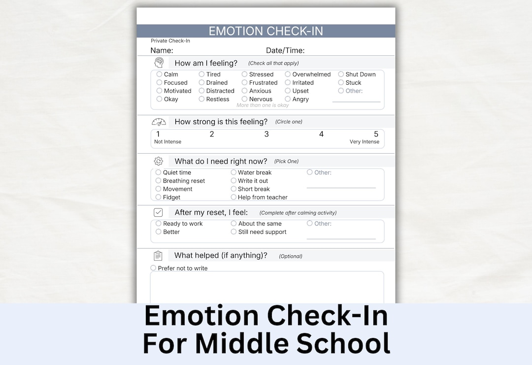 Emotion Check In Examples Emotion Check in Worksheet Forms for Middle School, Behavior Regulation ...