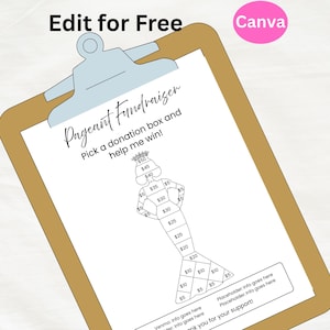 Puede incluir: Un portapapeles con un papel blanco con un diseño de caja de donación para una recaudación de fondos de concurso. El diseño incluye un vestido estilizado con cantidades de donación que van desde 5 € hasta 50 €. El texto dice "Pageant Fundraiser" y "Pick a donation box and help me win!"