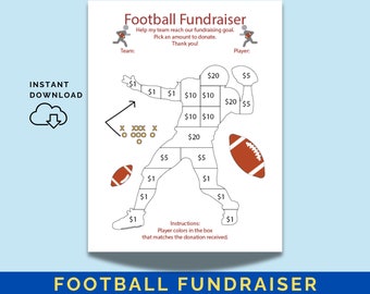 May include: A printable football fundraiser game. The game features a football player with different dollar amounts in each section of the player's body. The instructions say to color in the box that matches the donation received.