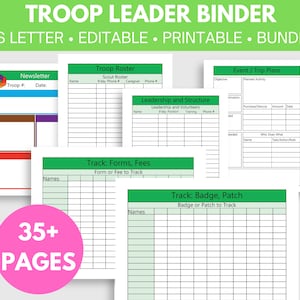 Scout Troop Leader Binder! Planning For- Meeting, Activity, Trip, Agenda, Newsletter, EAP.  For Tracking- Roster, Badge, Forms, SignUp +more