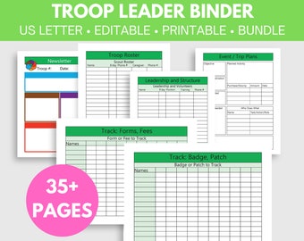 Scout Troop Leader Binder! Planning For- Meeting, Activity, Trip, Agenda, Newsletter, EAP.  For Tracking- Roster, Badge, Forms, SignUp +more