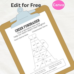 May include: A clipboard with a white paper that says "CHEER FUNDRAISER" with a megaphone-shaped donation chart. The chart has sections for donations ranging from $5 to $50. The words "Edit for Free" and "Canva" are also visible.