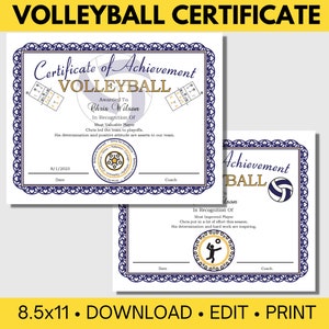 Volleyball Certificate Template for Volleyball Awards, Editable Volleyball Template, create Custom Certificate, Download-Edit-Print & Award!