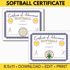 Softball Certificate Template for Softball Awards, Editable Softball Template, create Custom Certificate, Download-Edit-Print & Award!