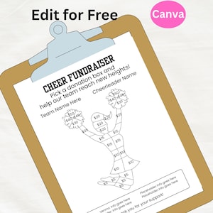 Könnte beinhalten: Ein Klemmbrett mit einem Flyer für eine Cheerleading-Spendenaktion. Der Flyer zeigt eine Cheerleader-Grafik mit Spendenbeträgen von 5 € bis 50 €. Der Text enthält "CHEER FUNDRAISER" und Platz für Team- und Cheerleader-Namen.