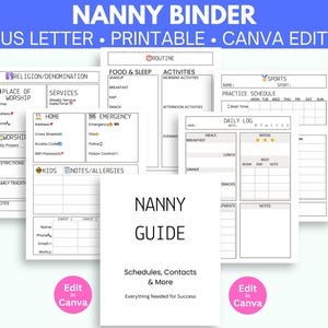 Nanny Binder, Nanny Planner, Handbook, Checklist, Organize Family Information, Edit and Customize in Canva, Download, Printable