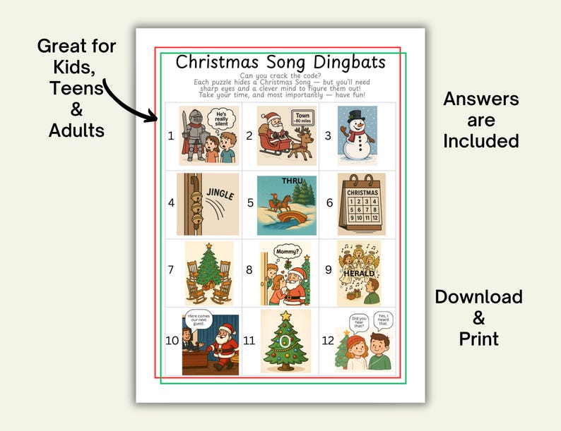 Christmas Dingbats Printable Puzzles, Christmas Songs, Fun Family Game