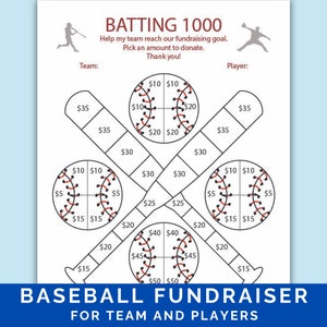 May include: A baseball-themed fundraising chart with a black and white illustration of crossed baseball bats and baseballs. The chart has different dollar amounts listed on each baseball and bat, ranging from $5 to $50. The text "BATTING 1000" is at the top of the chart, and the text "BASEBALL FUNDRAISER FOR TEAM AND PLAYERS" is at the bottom.