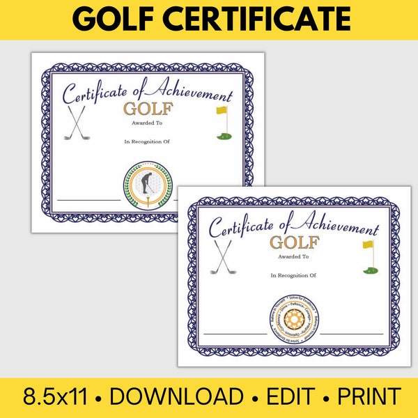 Golf Certificate Template for Golf Awards, Editable Golf Template, create Custom Certificate, Download-Edit-Print & Award!