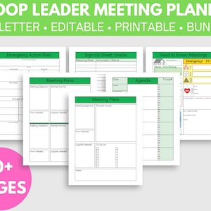 May include: A printable planner for troop leaders with green and white pages. The planner includes sections for emergency action plans, meeting plans, sign-up sheets, and agendas. The text on the cover reads "Troop Leader Meeting Planner" and "US Letter. Editable. Printable. Bundle".
