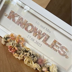Personalised name frame with real wedding flowers - flower preservation, wedding gift, wedding bouquet preservation, custom made
