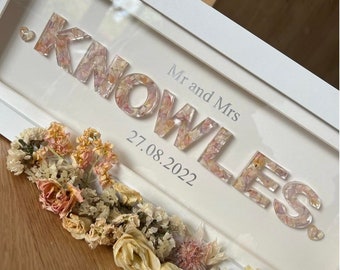 Personalised name frame with real wedding flowers - flower preservation, wedding gift, wedding bouquet preservation, custom made