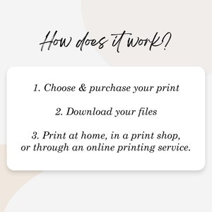 May include: A graphic with the text "How does it work?" and three steps: Choose & purchase your print, Download your files, and Print at home, in a print shop, or through an online printing service.