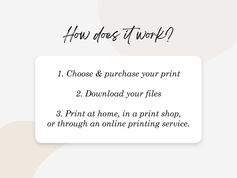 May include: A graphic with the text "How does it work?" and three steps: Choose & purchase your print, Download your files, and Print at home, in a print shop, or through an online printing service.