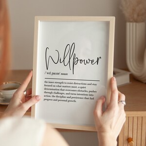 Willpower definition print, printable wall art, digital download, self control poster, motivational office decor, discipline wall art image 3