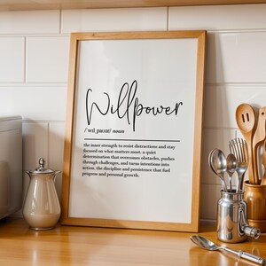 Willpower definition print, printable wall art, digital download, self control poster, motivational office decor, discipline wall art image 5