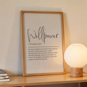 Willpower definition print, printable wall art, digital download, self control poster, motivational office decor, discipline wall art image 1