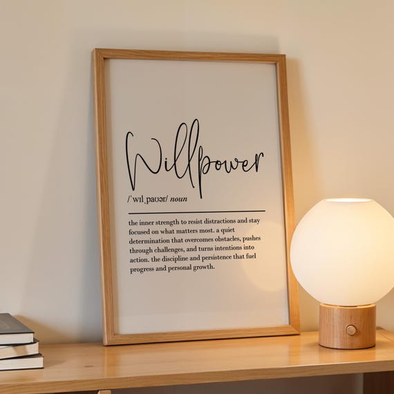Willpower definition print, printable wall art, digital download, self control poster, motivational office decor, discipline wall art
