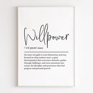 Willpower definition print, printable wall art, digital download, self control poster, motivational office decor, discipline wall art image 2