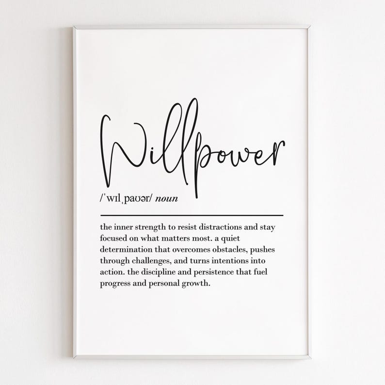 Willpower definition print, printable wall art, digital download, self control poster, motivational office decor, discipline wall art image 2