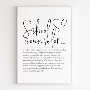 May include: Black and white printable art print with the text "School Counselor" defined as "a skilled and compassionate professional, excelling in multitasking, and possessing qualities like patience, empathy, and resourcefulness, they collaborate closely with educators and families, ensuring the well-being of students, they are dedicated to providing a nurturing environment for all students, supporting their goals with attentive listening and kind words, ensuring a secure space for growth."